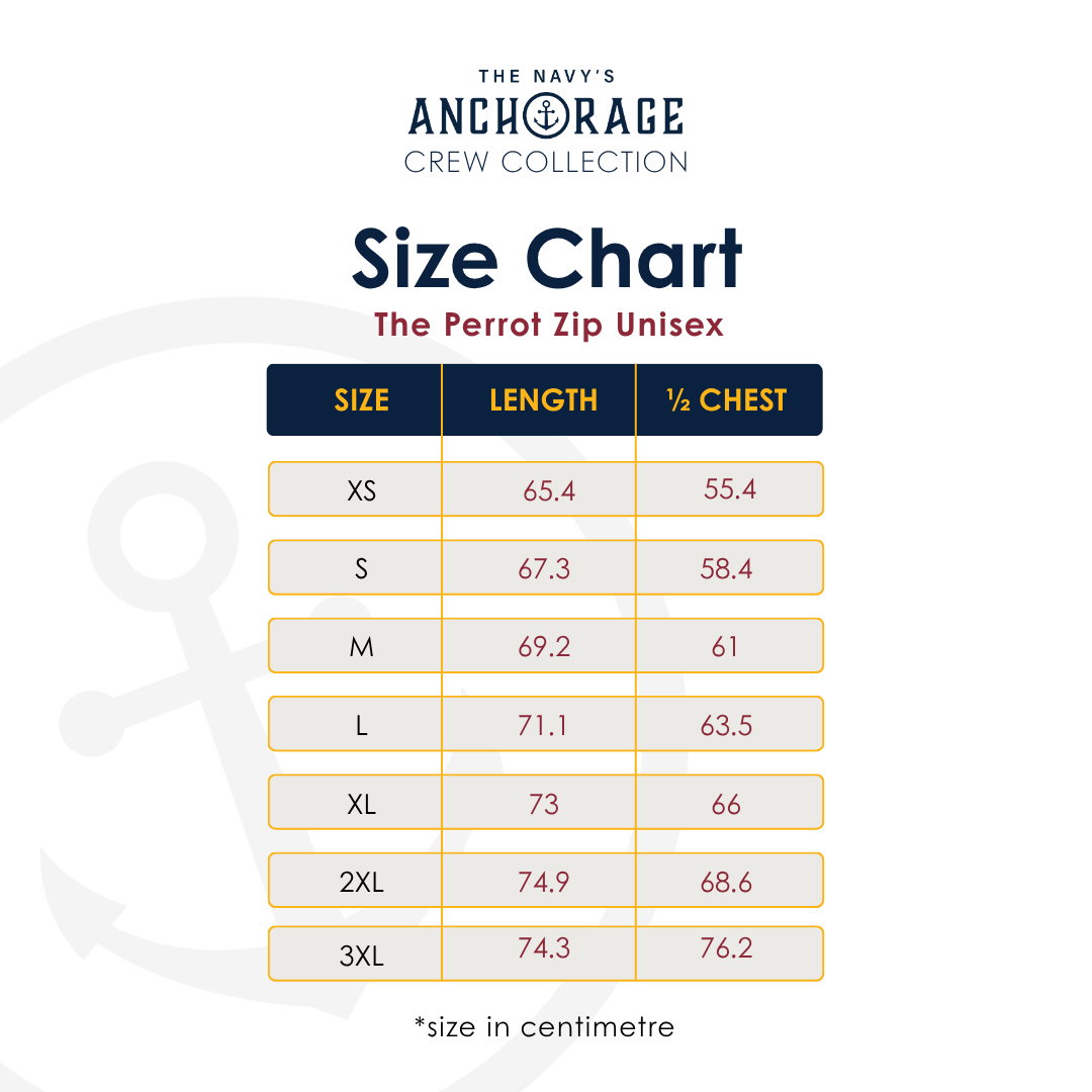 A size chart graphic for The Navy's Anchorage Crew Collection, featuring a table with sizes XS through 3XL, length in centimeters, and 1/2 chest in centimeters.