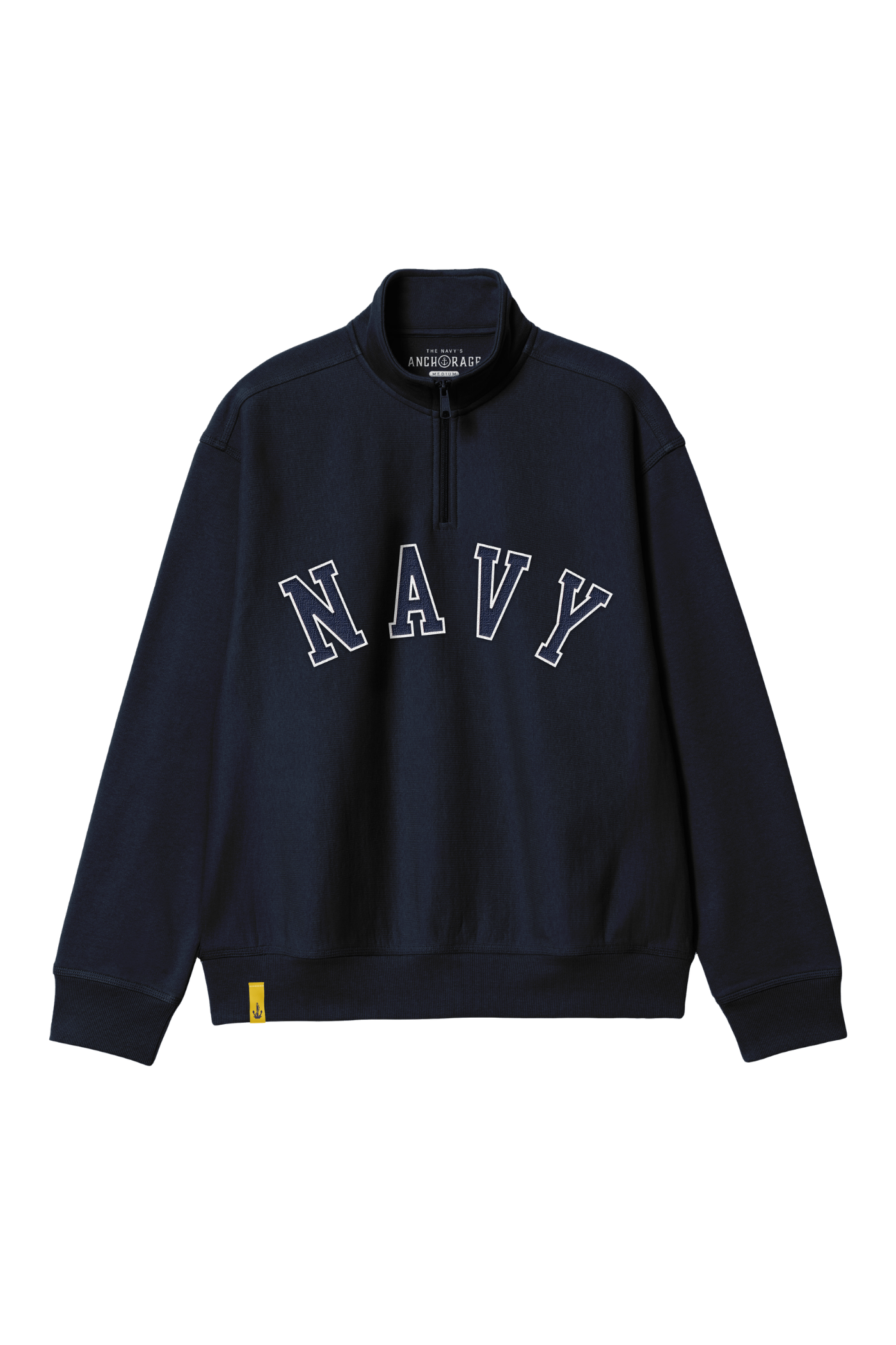 A navy blue quarter-zip sweatshirt with 'NAVY' printed across the chest in white outlined block letters, shown against a plain white background.