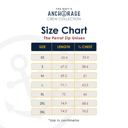 A size chart graphic for The Navy's Anchorage Crew Collection, featuring a table with sizes XS through 3XL, length in centimeters, and 1/2 chest in centimeters.